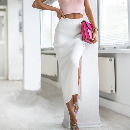 Women’s Maxi Skirt – Slim Fit – Ribbed Knit – Front Slit with Button Detail