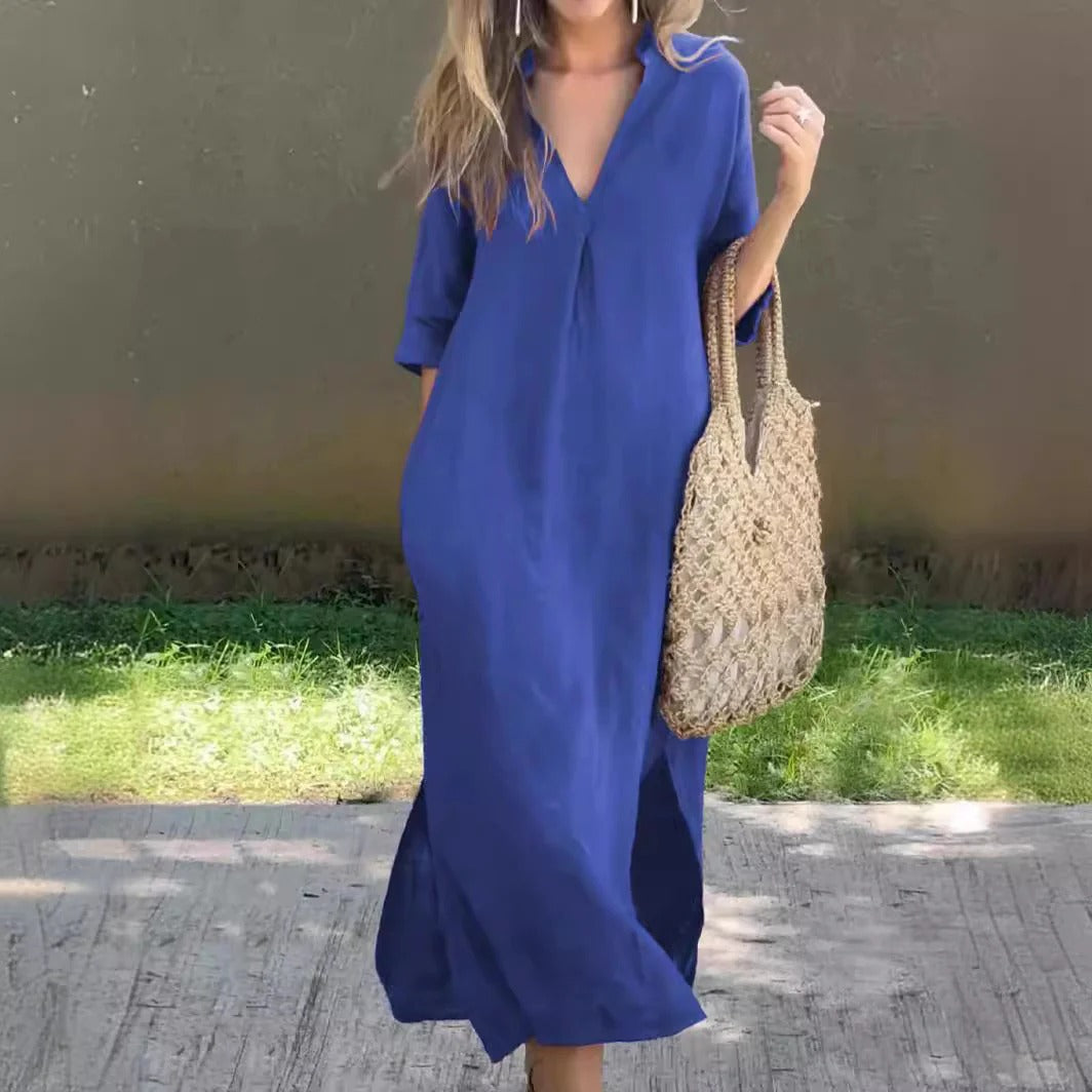 Women’s Maxi Dress – Relaxed Fit – V-Neck – Half Sleeve – Cotton