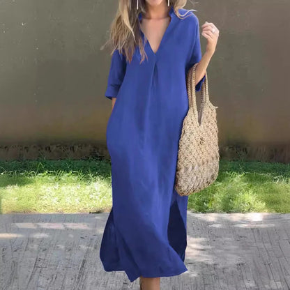 Women’s Maxi Dress – Relaxed Fit – V-Neck – Half Sleeve – Cotton