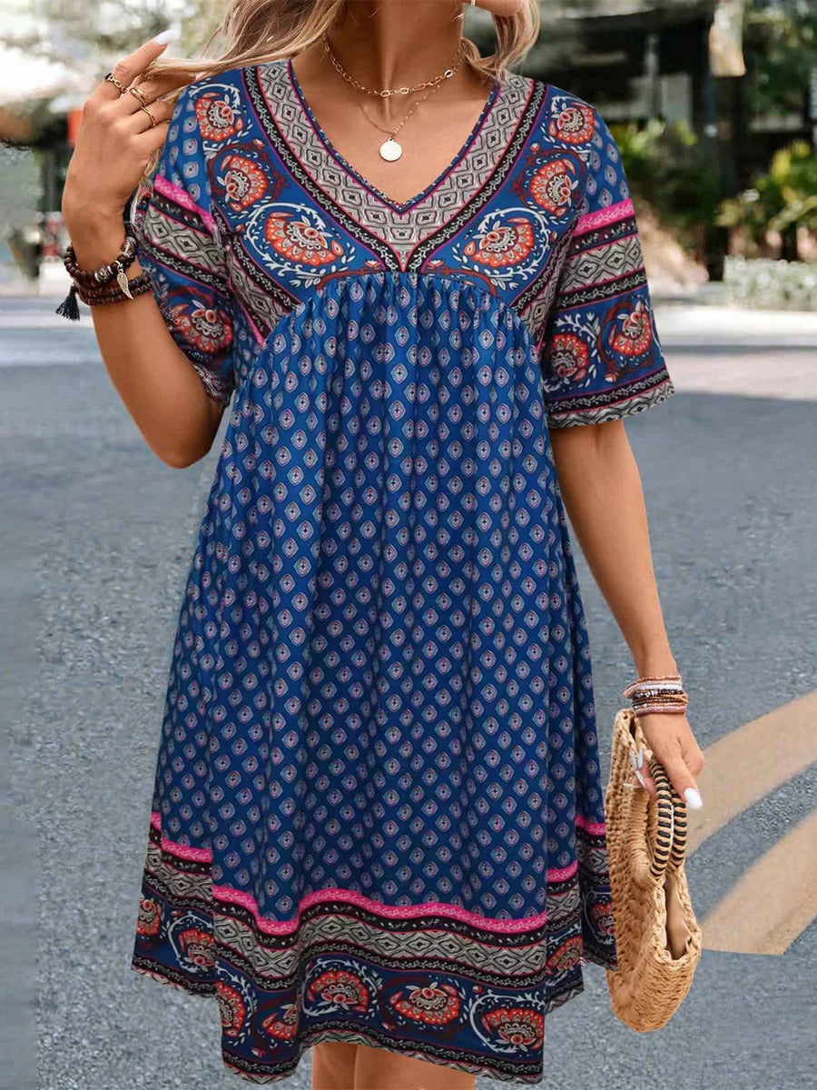 Women’s Casual Dress – Relaxed Fit – V-Neck – Short Sleeve – Ethnic Print – Cotton Feel