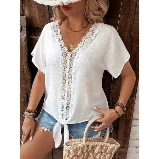 Women’s V-Neck Shirt – Relaxed Fit – Lace Trim – Front Tie Hem – Breathable Fabric