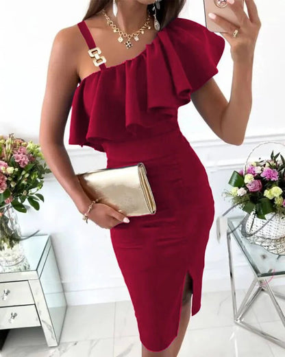 Women’s Midi Dress – Satin Look – Slim Fit – Ruffle Bust – Embellished Straps – Side Slit