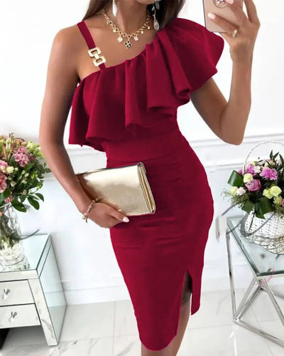 Women’s Midi Dress – Satin Look – Slim Fit – Ruffle Bust – Embellished Straps – Side Slit