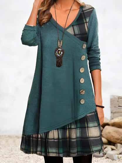 Women’s Tunic Dress – Relaxed Fit – V-Neck – Plaid Detail – Button Side – Long Sleeve