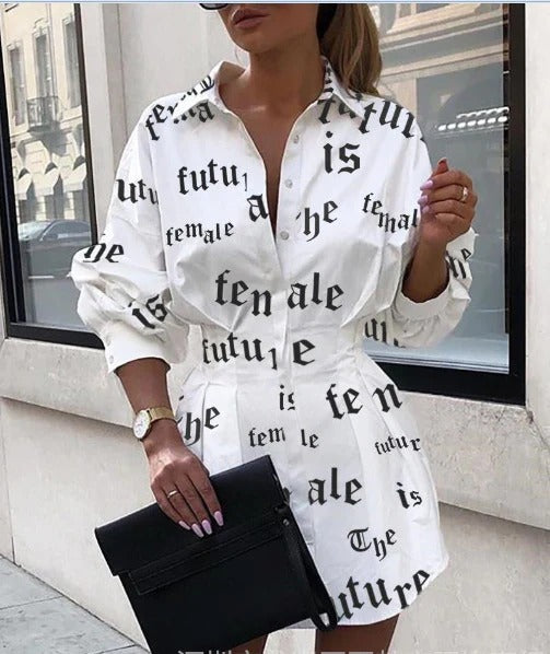 Women’s Shirt Dress – Relaxed Fit – Cotton Blend – Mini Length – Statement Print