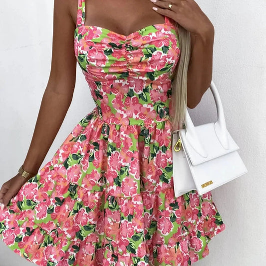 Women’s Mini Dress – Floral Print – A-Line Fit – Ruched Bodice – Ruffled Skirt