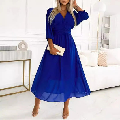 Women’s Maxi Dress – V-Neck – Long Sleeve – Draped Skirt – Silk Feel