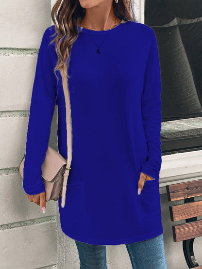 Women’s Tunic Top – Cotton Blend – Loose Fit – Long Sleeve – Round Neck – Pockets