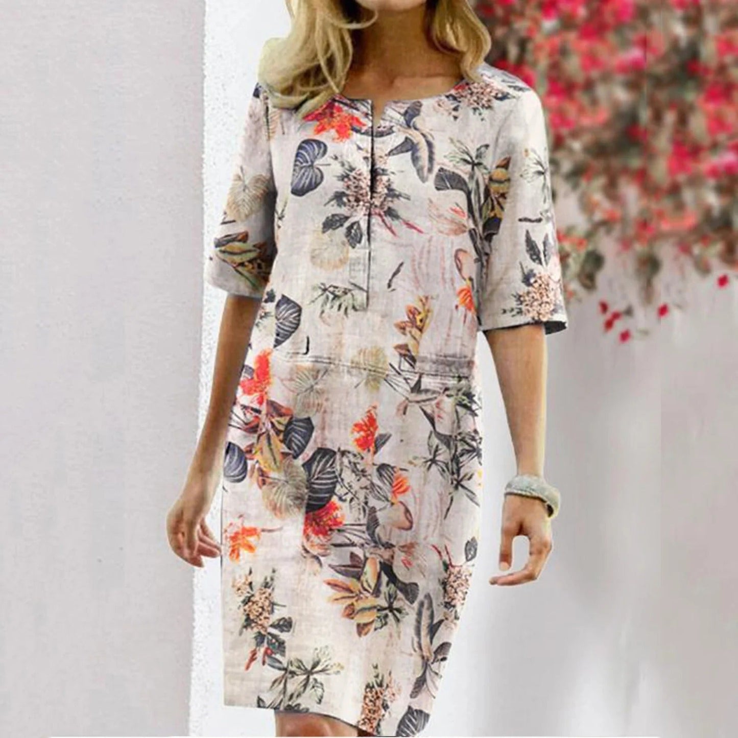 Women’s Shift Dress – Tropical Floral Print – Relaxed Fit – Cotton Blend – Knee Length