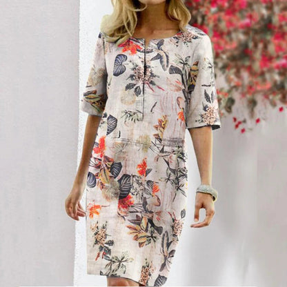 Women’s Shift Dress – Tropical Floral Print – Relaxed Fit – Cotton Blend – Knee Length