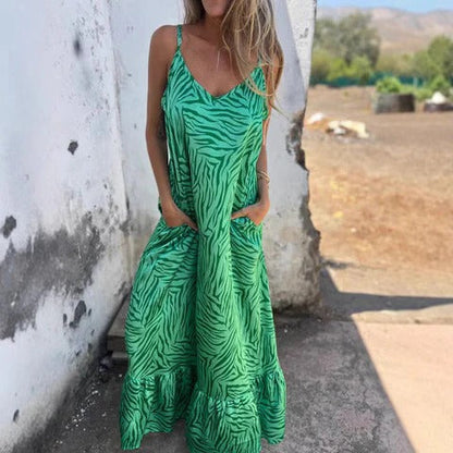 Women’s Maxi Dress – Relaxed Fit – Breathable Fabric – Zebra Print – Thin Straps – Pockets