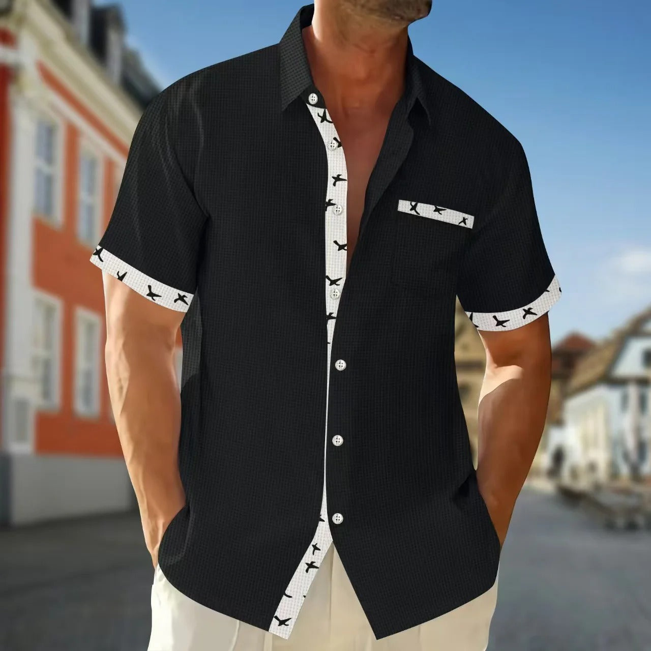 Men’s Short Sleeve Shirt – Cotton – Regular Fit – Patterned Trim – Button Front