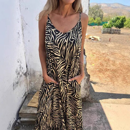Women’s Maxi Dress – Relaxed Fit – Breathable Fabric – Zebra Print – Thin Straps – Pockets