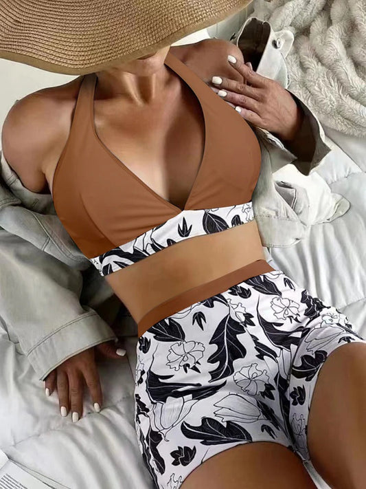 Women’s Bikini Set – Halter Top Deep V-Neck – High-Waisted Floral Shorts – Stretch Fit