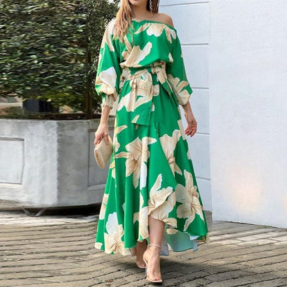 Women’s Maxi Dress – Off Shoulder – Puff Sleeves – Waist Tie – Asymmetrical Hem