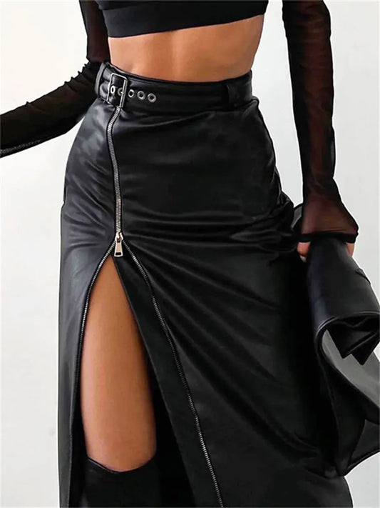 Women’s Pencil Skirt – Faux Leather – Slim Fit – Front Zip – Waist Belt – Midi Length