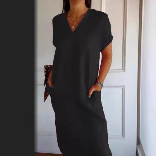 Women’s Maxi Dress – Relaxed Fit – Cotton Feel – V-Neck – Short Sleeve – With Pockets
