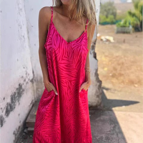 Women’s Maxi Dress – Relaxed Fit – Breathable Fabric – Zebra Print – Thin Straps – Pockets