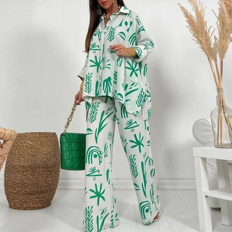 Women’s Two-Piece Set – Relaxed Fit – Wide-Leg Trousers – Button-Down Top