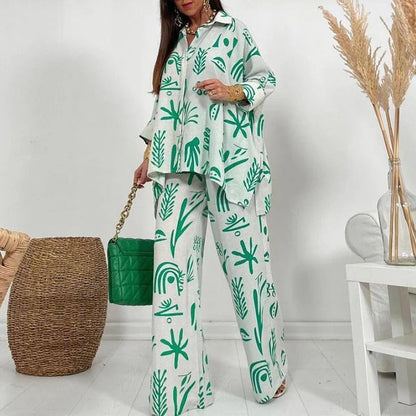 Women’s Two-Piece Set – Relaxed Fit – Wide-Leg Trousers – Button-Down Top