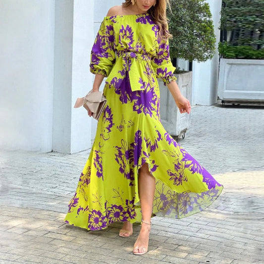 Women’s Maxi Dress – Off Shoulder – Puff Sleeves – Waist Tie – Asymmetrical Hem