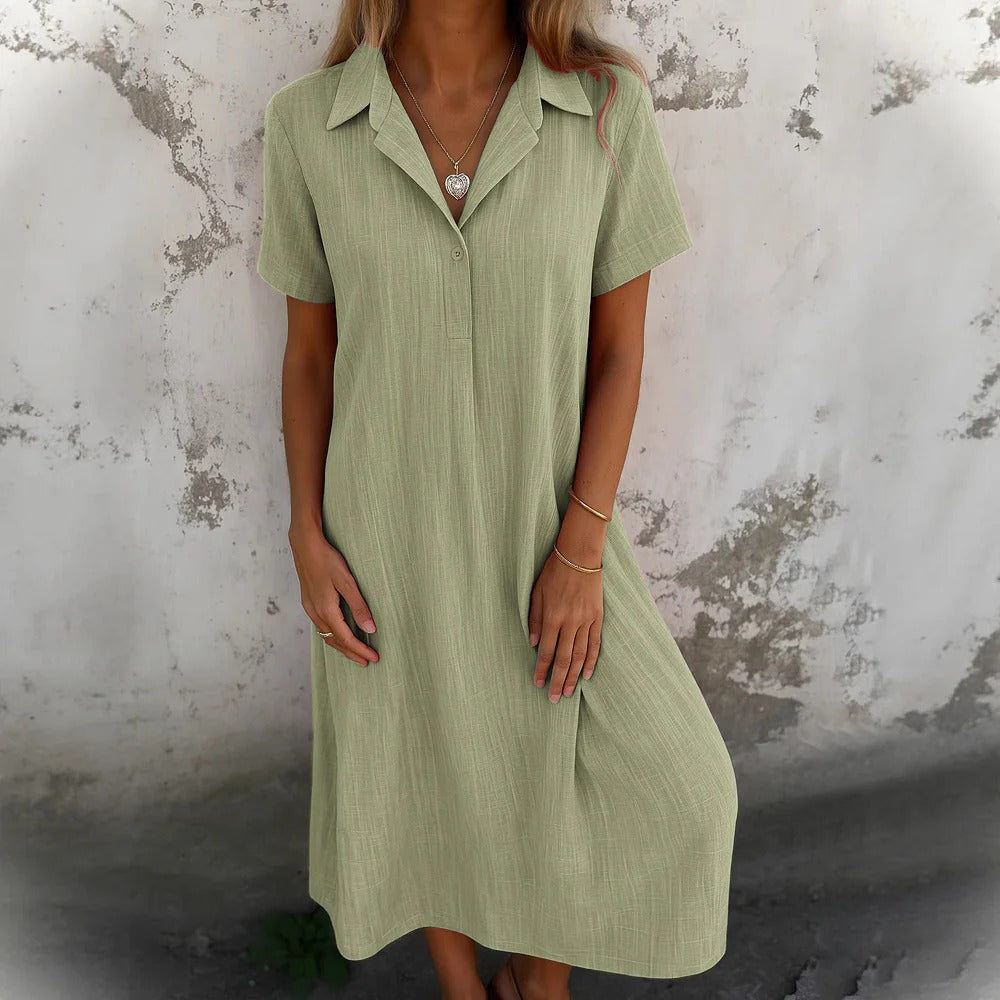 Women’s Shirt Dress – Relaxed Fit – Cotton – Midi Length – Short Sleeve – Casual Wear