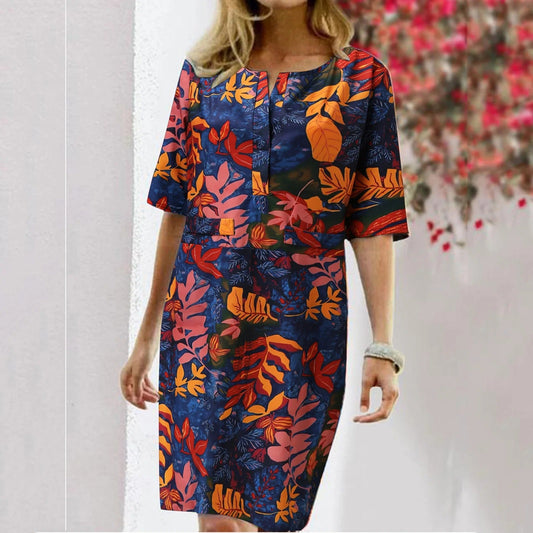 Women’s Shift Dress – Tropical Floral Print – Relaxed Fit – Cotton Blend – Knee Length