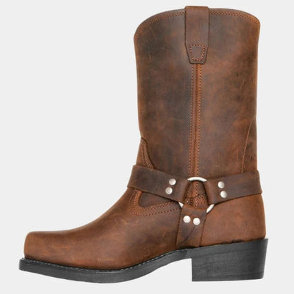 Women’s Mid-Calf Boots – Leather Harness – Buckle Detail – Studded Strap