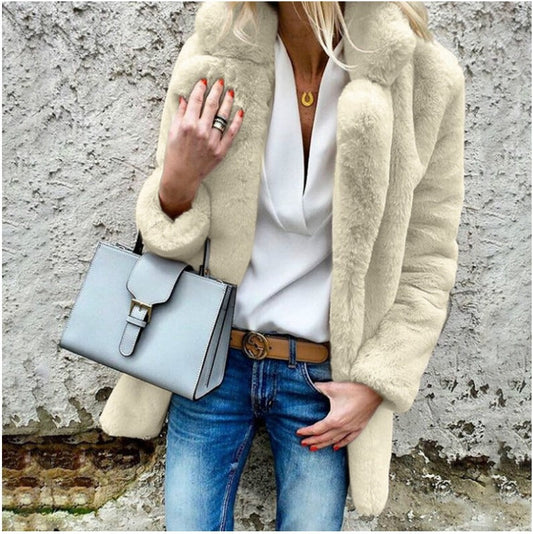 Women’s Faux Fur Coat – Oversized Fit – Fold-Over Collar – Long Sleeve Elegant Layer