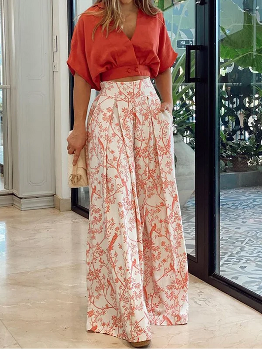 Women’s Two-Piece Set – Cropped Dolman Sleeve Top – Wide-Leg Pleated Trousers – Breathable Blend