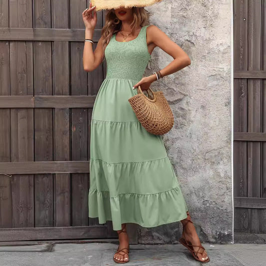 Women’s Suspender Dress – A-Line Fit – Smocked Bodice – Tiered Pleated Midi Skirt – Spaghetti Straps