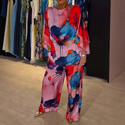 Women’s Pants Set – Wide Leg Trousers – Batwing Sleeve Top – Silky Abstract Print