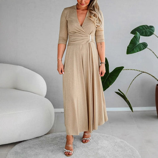 Women’s Maxi Dress – Fit and Flare – V-Neck Wrap with Buckle – Three-Quarter Sleeve