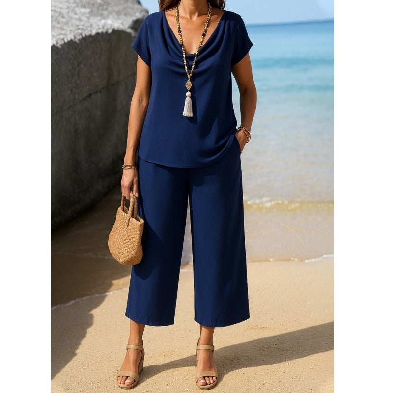 Women’s Two-Piece Set – Draped Collar Blouse – Short Sleeve – Wide-Leg Cropped Trousers