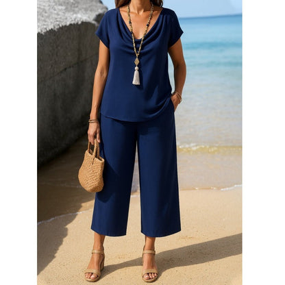 Women’s Two-Piece Set – Draped Collar Blouse – Short Sleeve – Wide-Leg Cropped Trousers