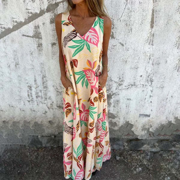 Women’s Sleeveless Dress – Relaxed Fit – Full Length – V-Neck – Leaf Pattern – Cotton