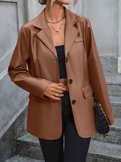 Women’s Blazer – Tailored Fit – PU Leather – Single-Breasted – Notched Lapel – Flap Pockets