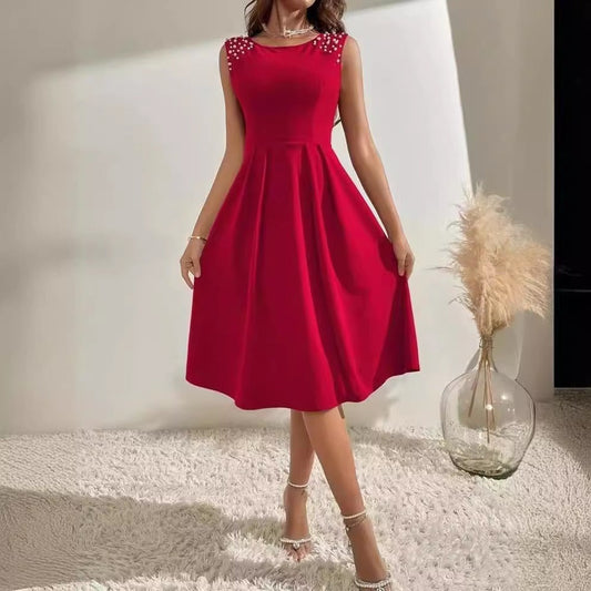 Women’s Midi Dress – Fitted Waist – A-Line Silhouette – Sleeveless Beaded Shoulders