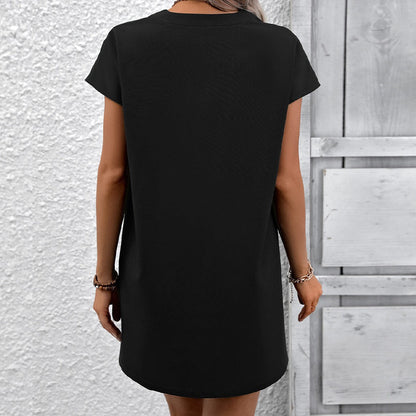 Women’s Shirt Dress – Loose Fit – V-Neck – Short Sleeve – Cotton – Abstract Print