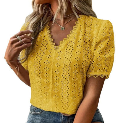 Women’s Short Sleeve Shirt – Relaxed Fit – Eyelet Cotton – Scalloped V-Neck – Puff Sleeves