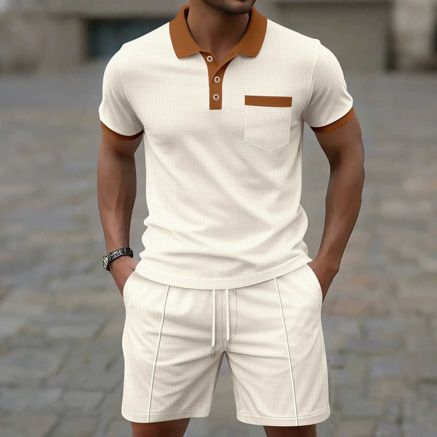 Men’s Polo Shirt and Shorts Set – Slim Fit – Cotton Blend – Half Button Top – Chest Pocket
