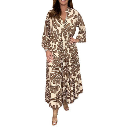 Women’s Midi Dress – Loose Fit – Chiffon – V-Neck – Printed – Pleated – 3/4 Sleeve