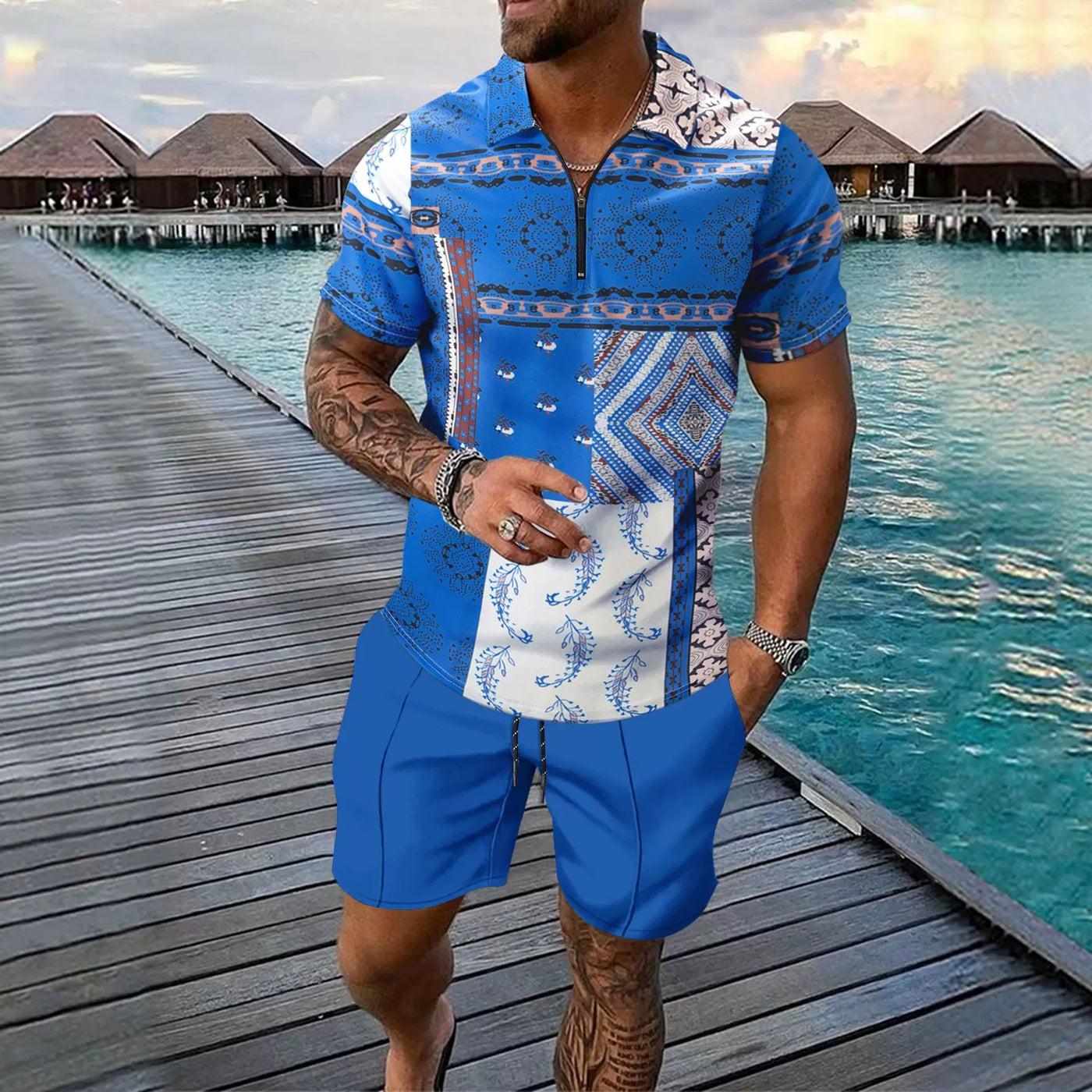 Men’s Casual Set – Slim Fit Zip Polo Shirt & Shorts – Digital Print
