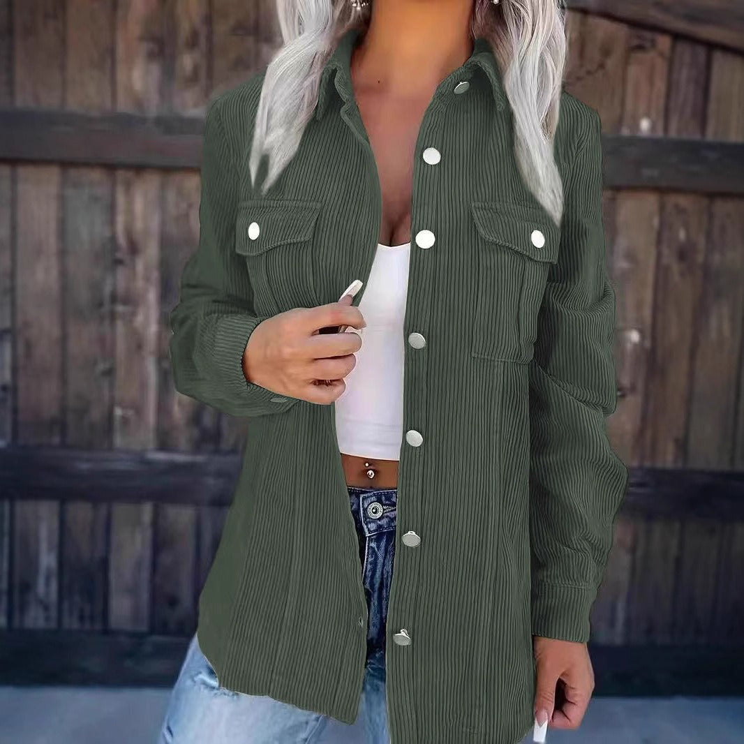 Women’s Shirt Jacket – Corduroy – Relaxed Fit – Button Front – Chest Pockets – Casual Layering