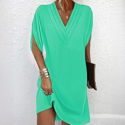 Women’s Mini Dress – Relaxed Fit – V-Neck Pleated – Batwing Sleeve – Flowy Fabric
