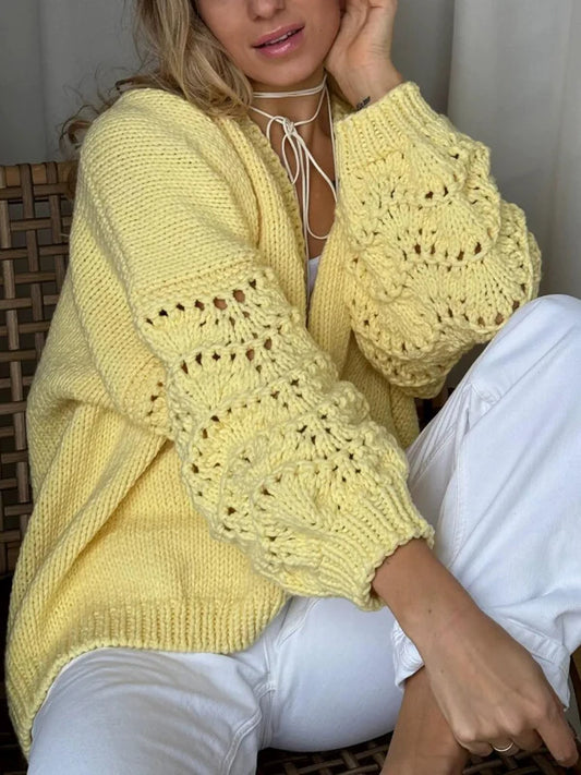 Women’s Cardigan – Wool Knit – Loose Fit – Lantern Sleeve – Openwork V-Neck