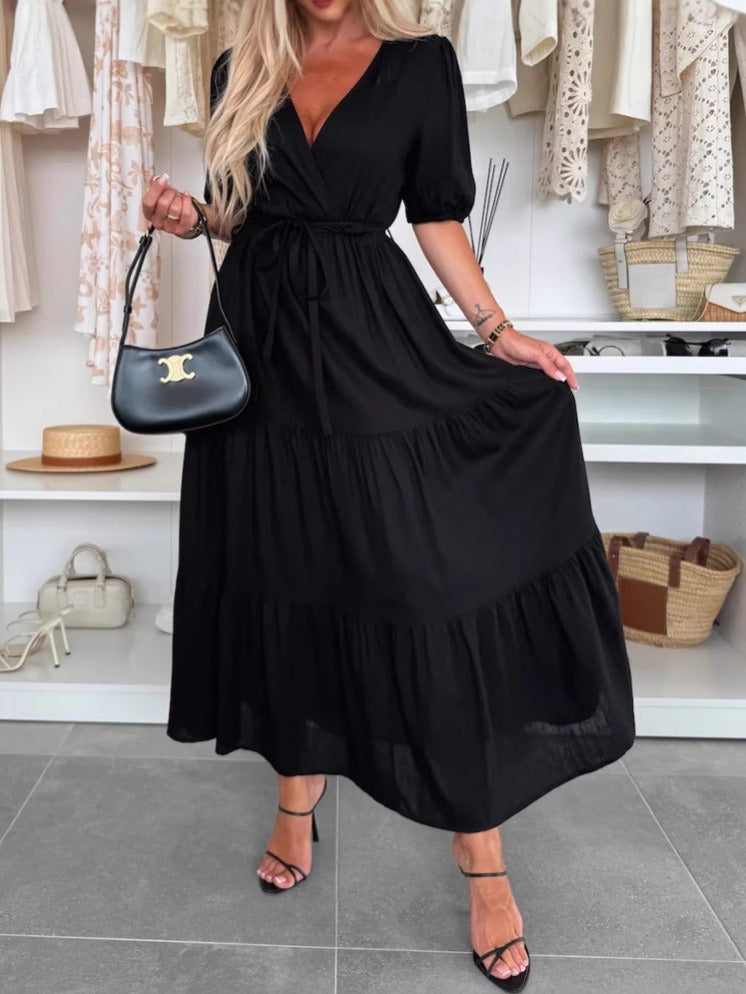 Women’s Maxi Dress – A-Line Fit – Wrap Front – Puff Sleeve – Belted Tiered Skirt