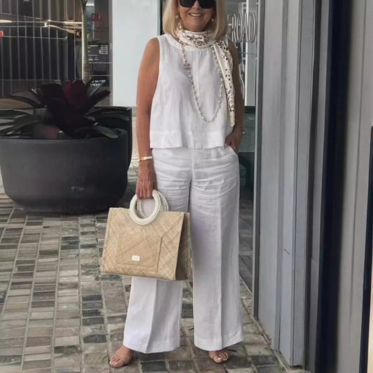 Women’s Two-Piece Set – Relaxed Fit – Cotton Linen – Sleeveless Top – Wide-Leg Trousers