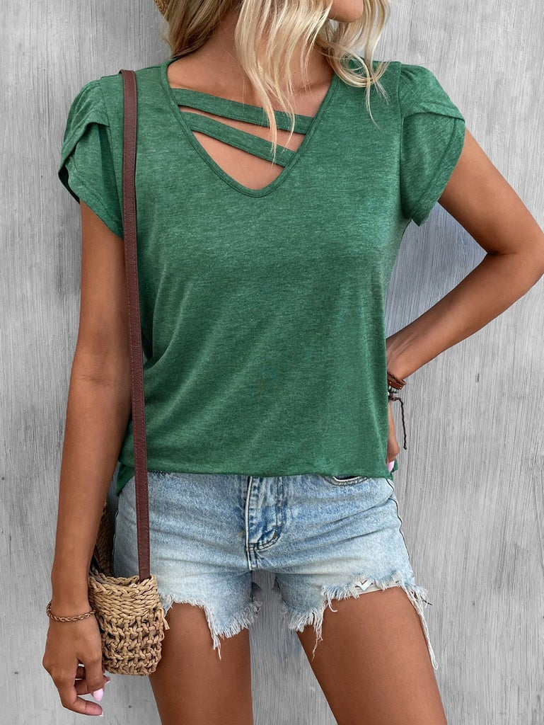 Women’s V-Neck Shirt – Soft Knit – Relaxed Fit – Cross Strap – Short Sleeve