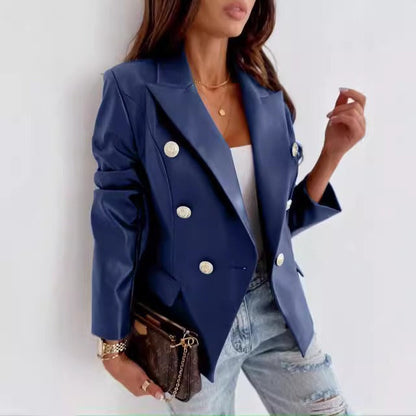 Women’s Blazer – Tailored Fit – Faux Leather – Double-Breasted – Structured Shoulder